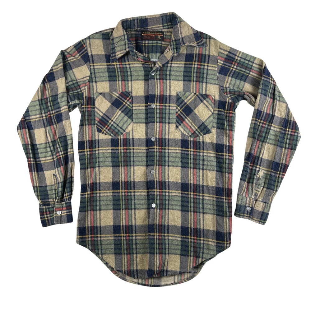 Vintage Montgomery Ward Shirt Mens Small Beige Plaid Cotton Flannel Long Sleeve
